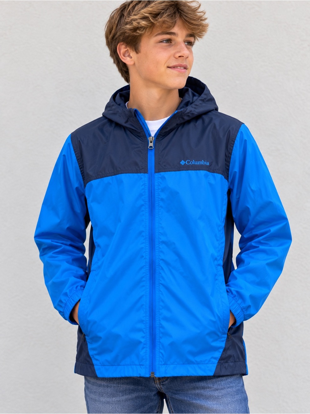 Columbia Boys' Two-Tone Blue Hooded Windbreaker Size L 14/18 (0029)